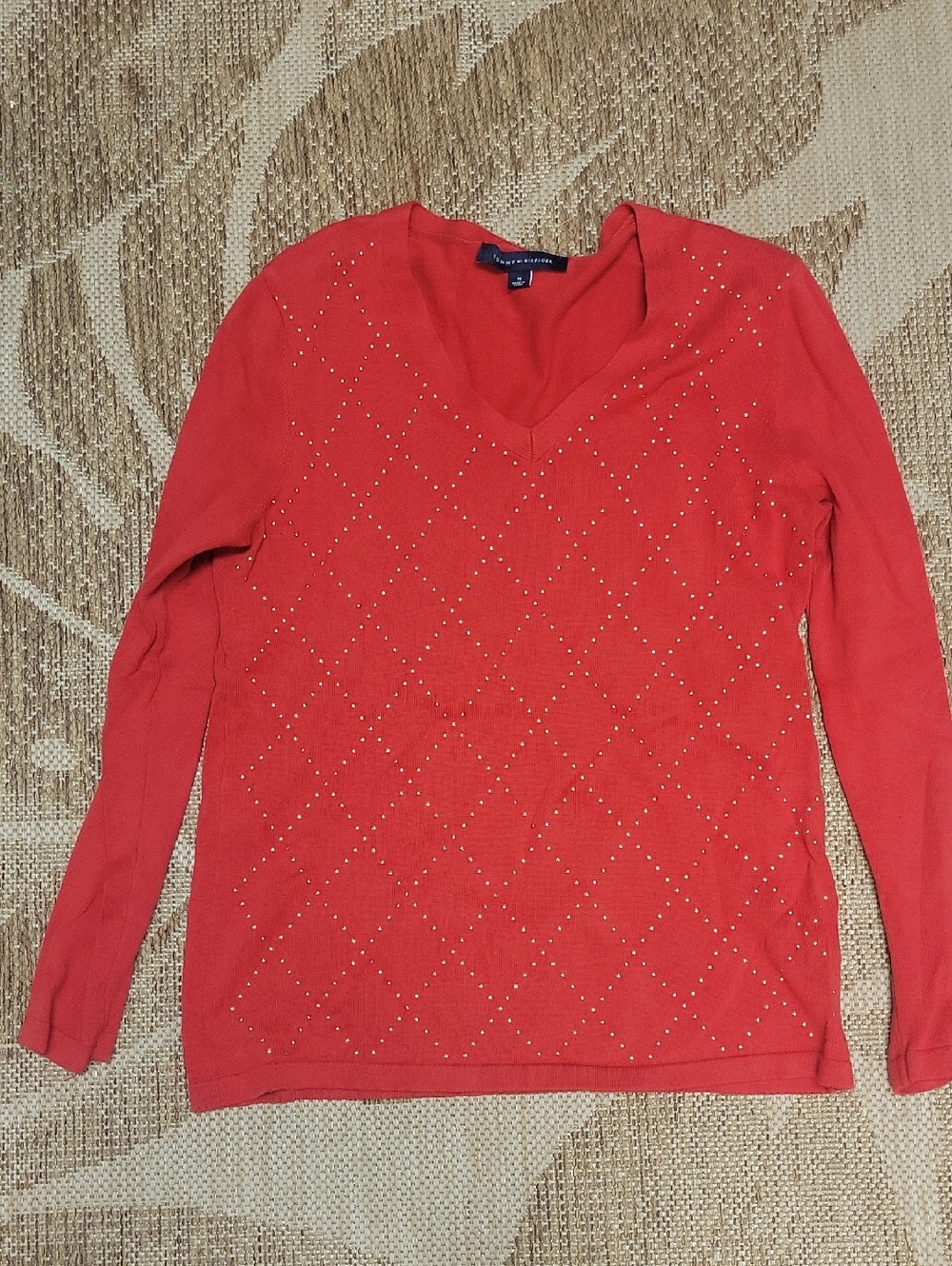 Women's Red V-Neck Studded Sweater